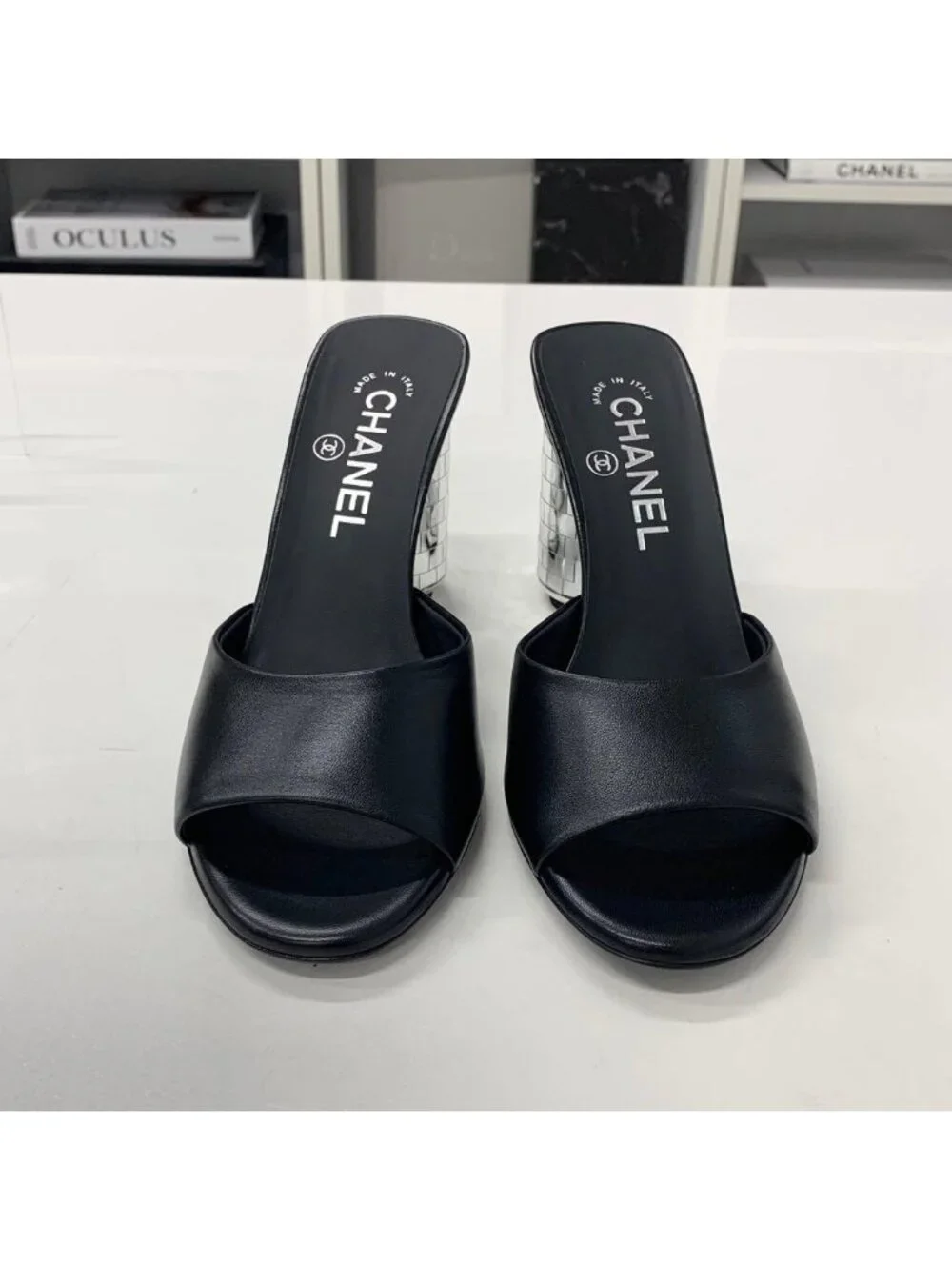 Chanel CC Logo Leather Mirror Heel Sandals Black